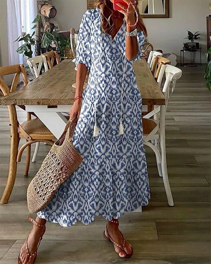 Luna – Boho V-Neck Dress with Lantern Sleeves