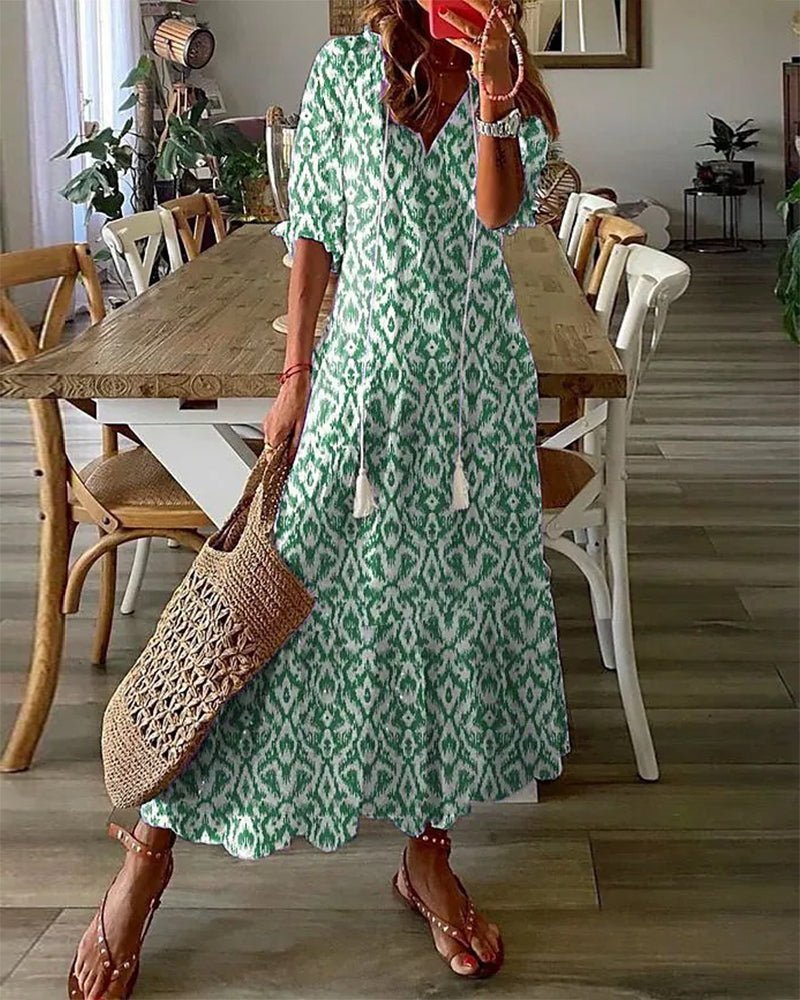 Luna – Boho V-Neck Dress with Lantern Sleeves