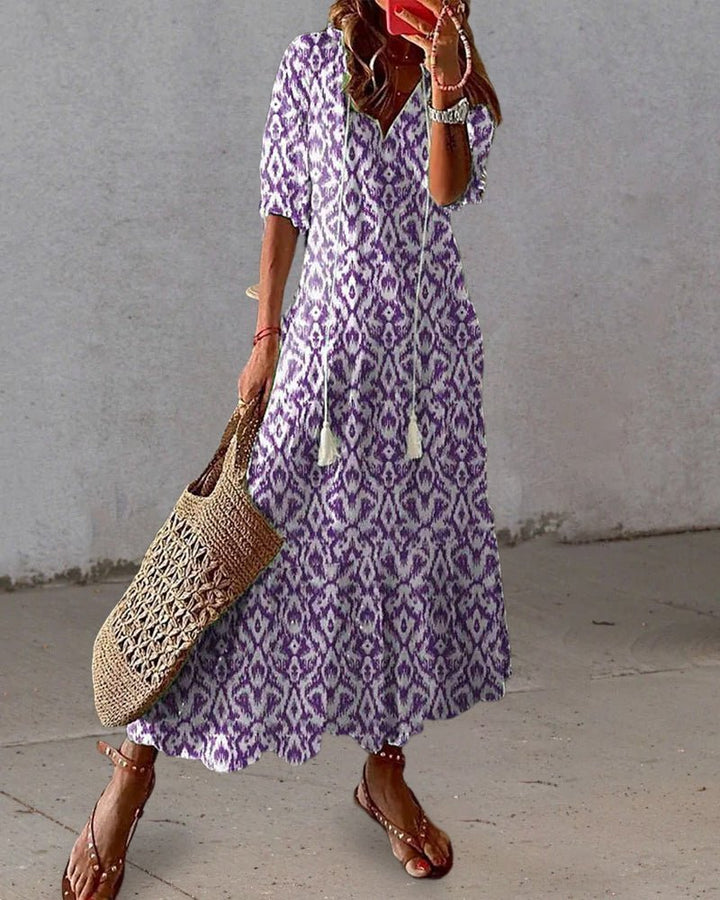 Luna – Boho V-Neck Dress with Lantern Sleeves