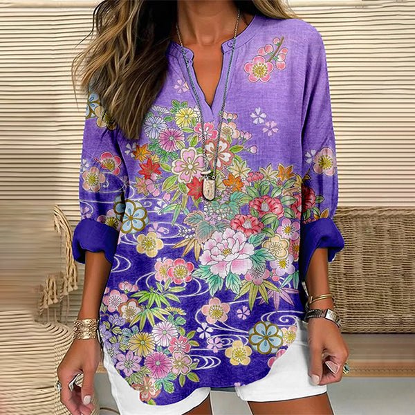 Arah – Floral V-Neck Top with Long Sleeves