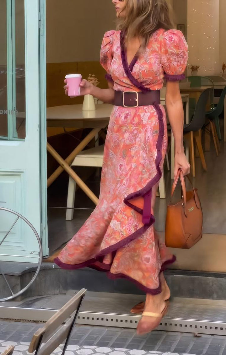 Viana – Floral Maxi Dress with V-Neck &amp; Ruffle Hem