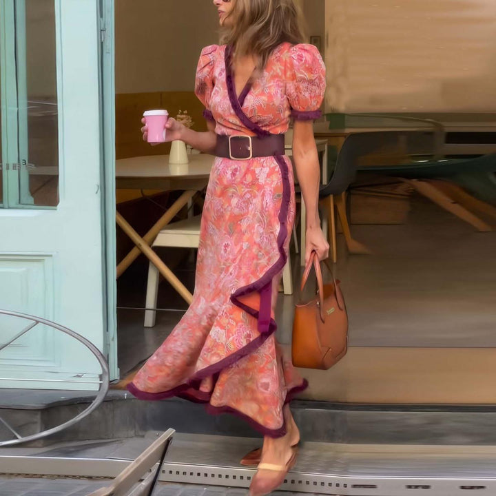 Viana – Floral Maxi Dress with V-Neck &amp; Ruffle Hem