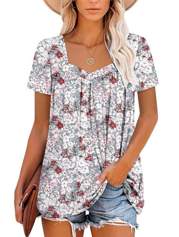 Lory – Pleated Floral Shirt with Curved Hem