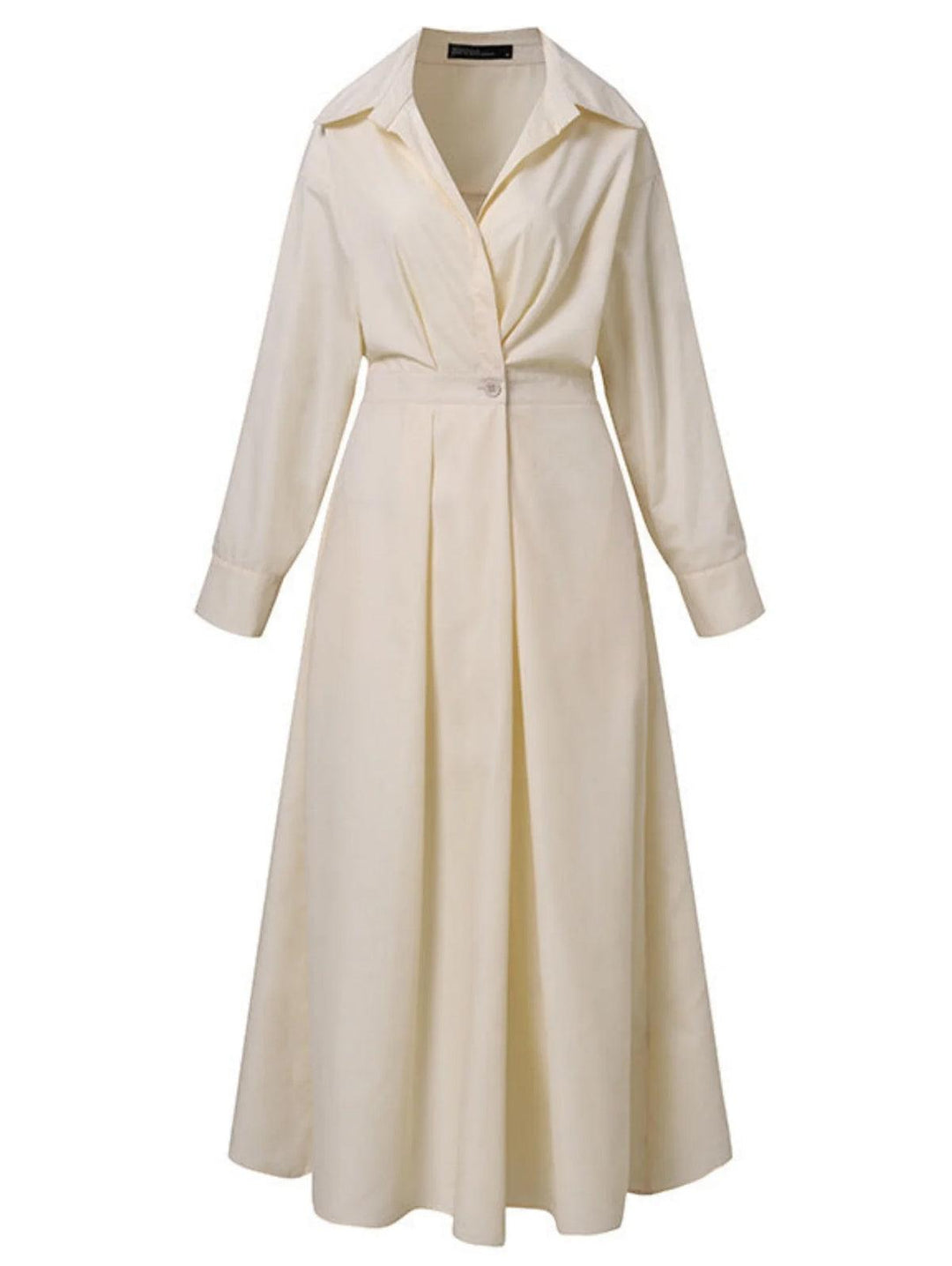Cream midi dress with button lapel and long sleeves, displayed in a studio setting.