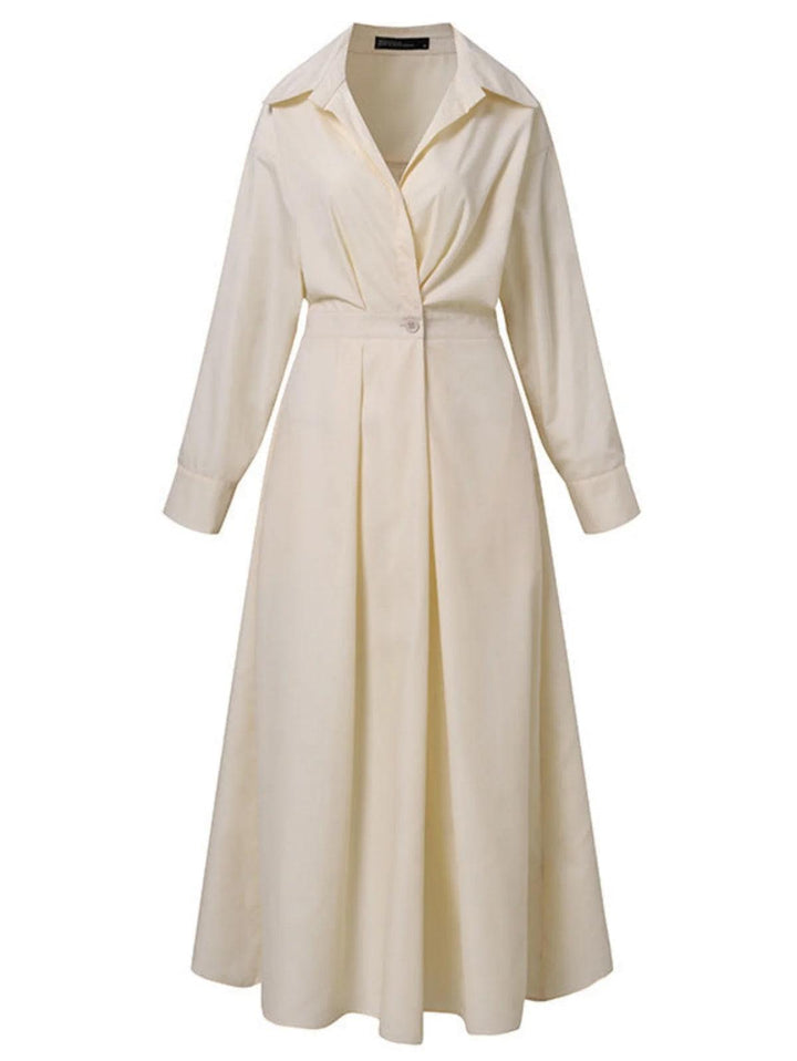 Cream midi dress with button lapel and long sleeves, displayed in a studio setting.