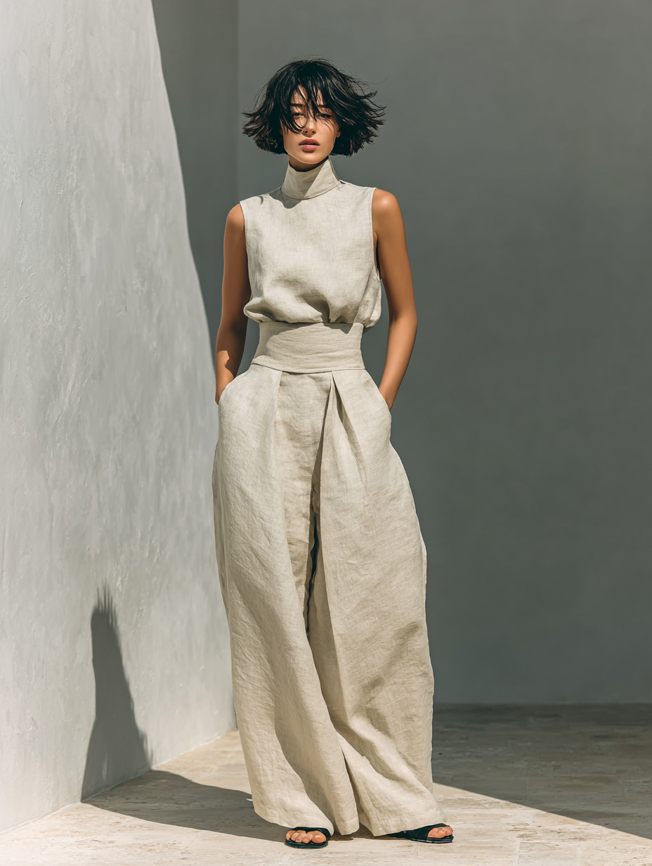 Woman in a beige two-piece set with sleeveless top and wide-leg pants in a minimalist outdoor setting.