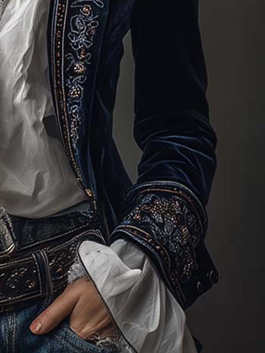 Margaret | Navy Blue Embroidered Longline Jacket