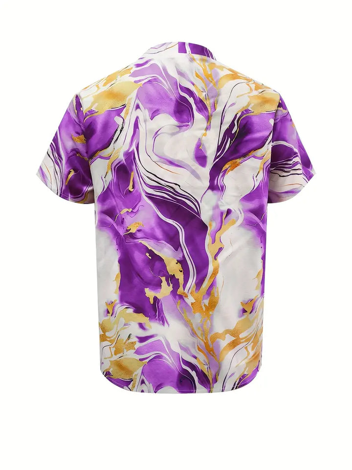 Back view of purple marble print short sleeve shirt on a white studio background.
