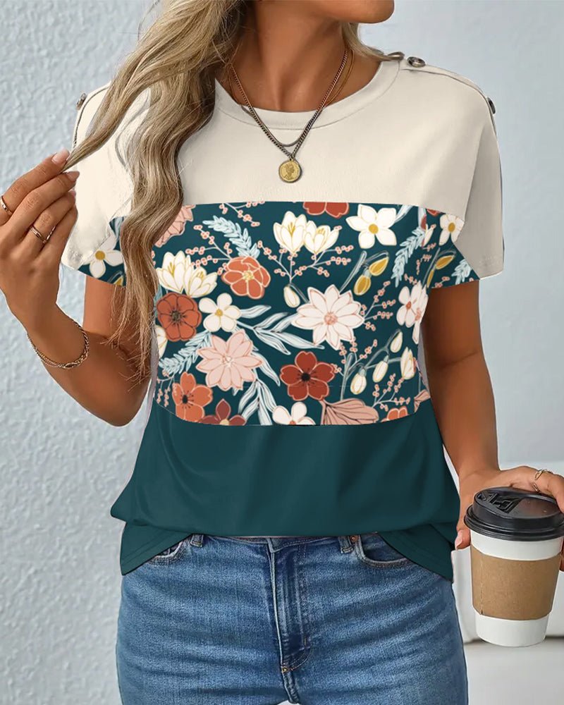 Paula – Floral Colorblock Round-Neck Tee