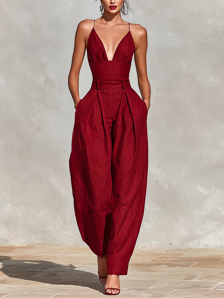 Woman in deep red, sleeveless jumpsuit with V-neckline and wide legs, standing on a sunlit stone surface.