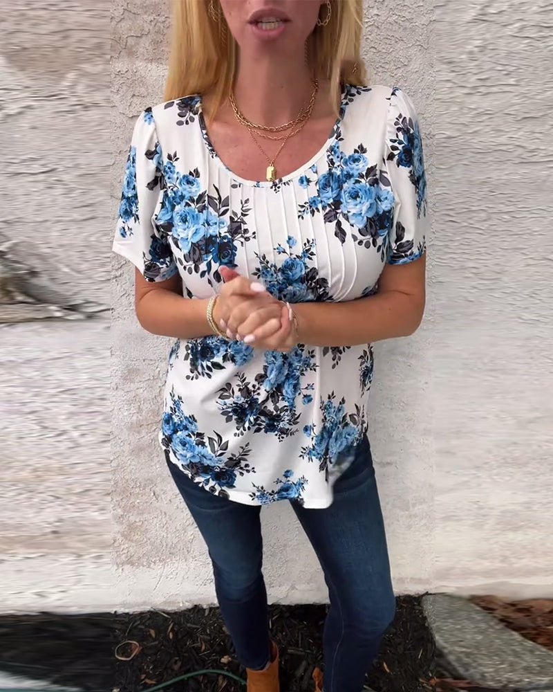 Milania – Floral Pleated Tee with Round Neckline