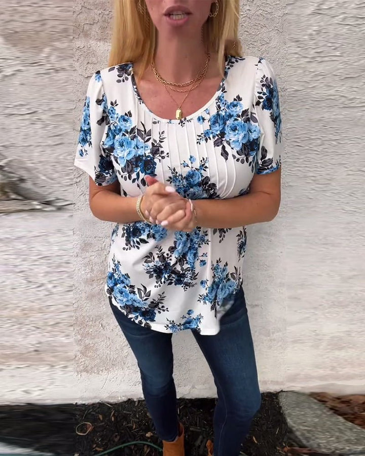 Milania – Floral Pleated Tee with Round Neckline