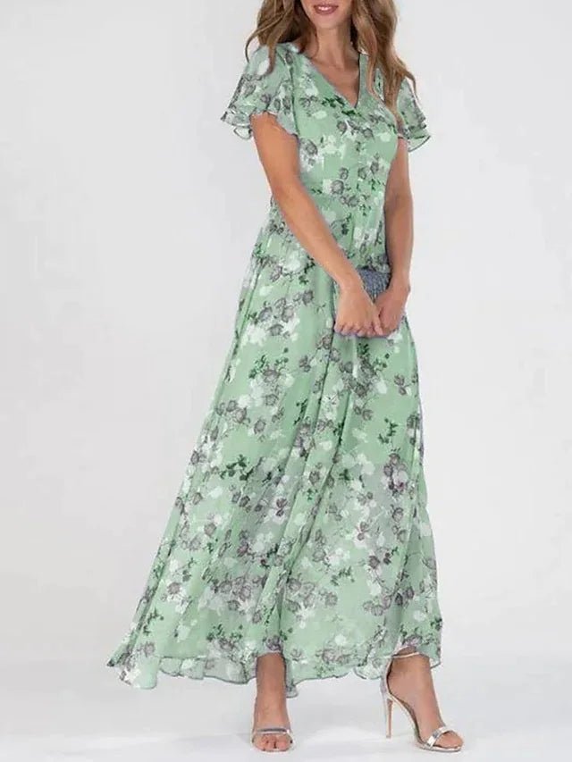 Zuri – Floral Maxi Dress with V-Neck &amp; Ruffle Sleeves