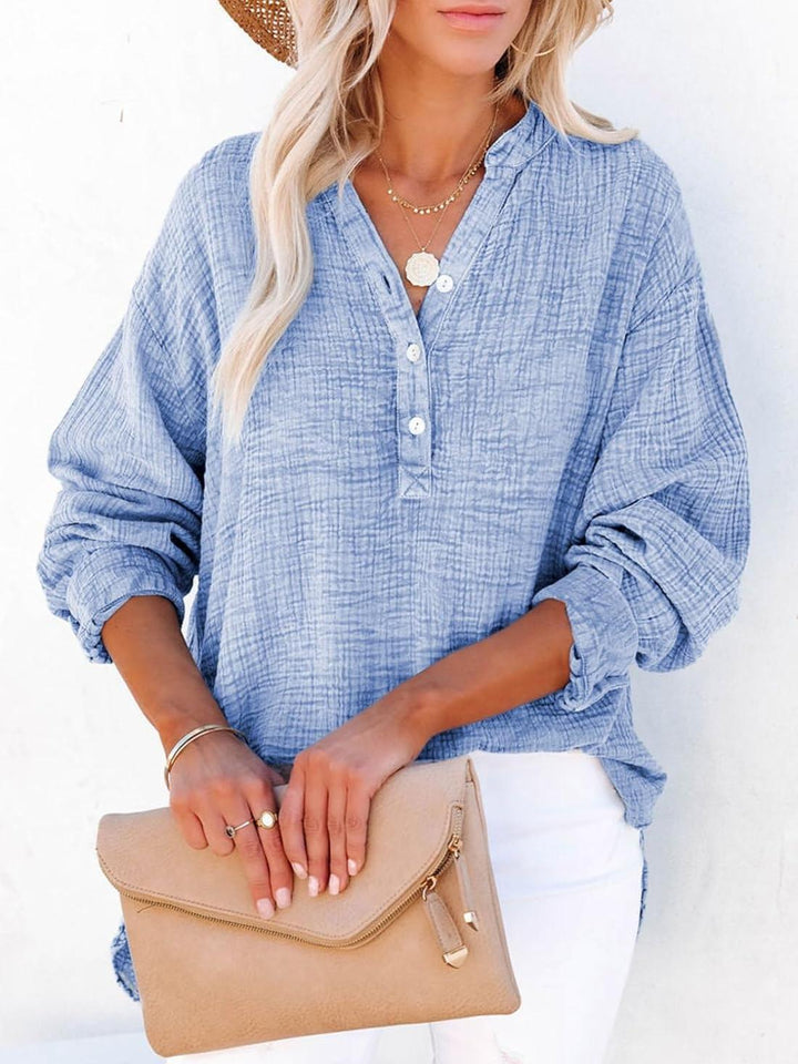 Jena – V-Neck Button Blouse with 3/4 Sleeve Option