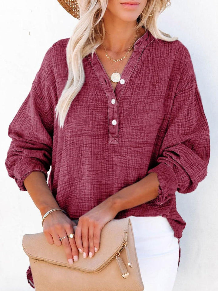 Jena – V-Neck Button Blouse with 3/4 Sleeve Option