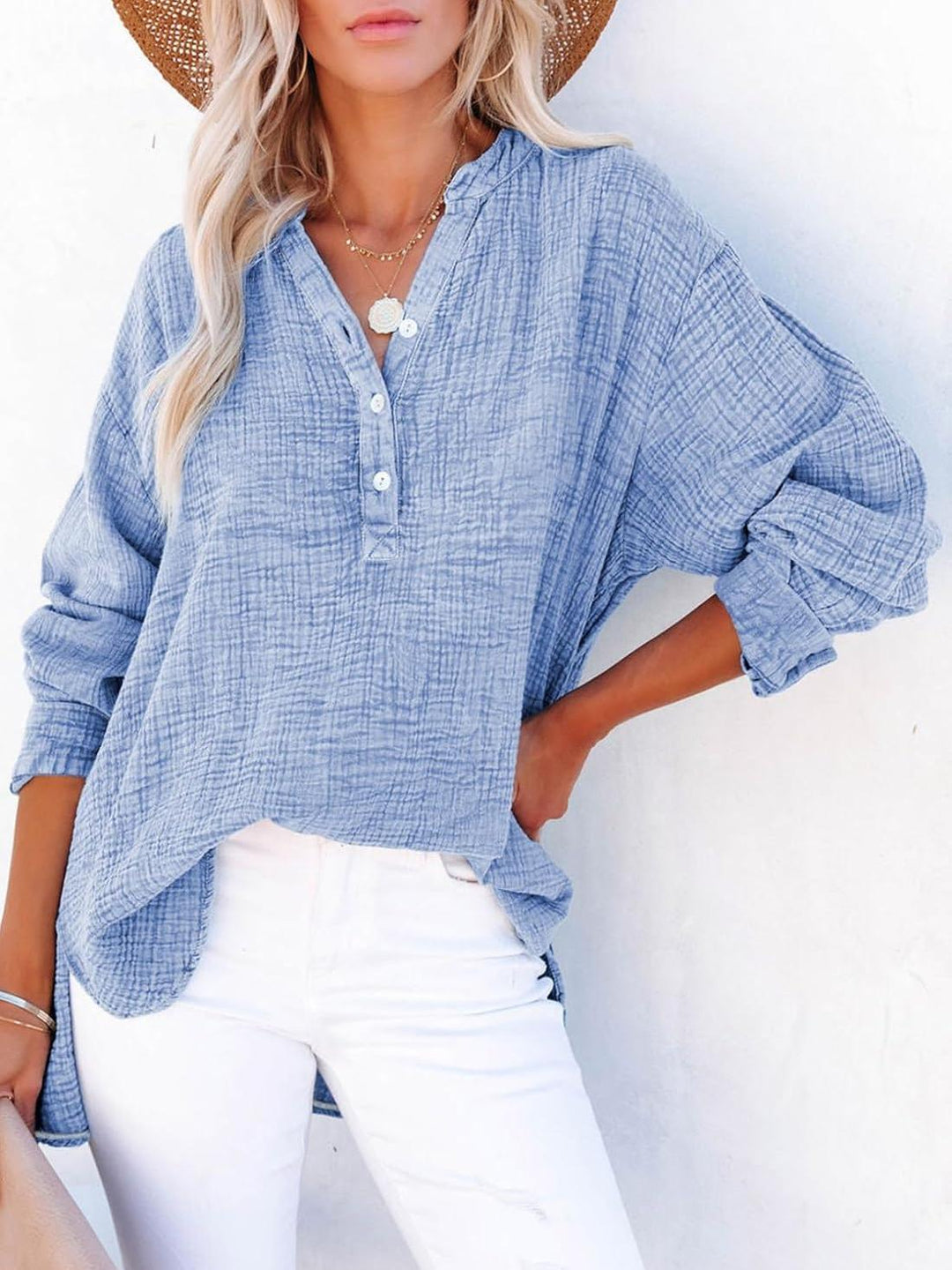 Jena – V-Neck Button Blouse with 3/4 Sleeve Option