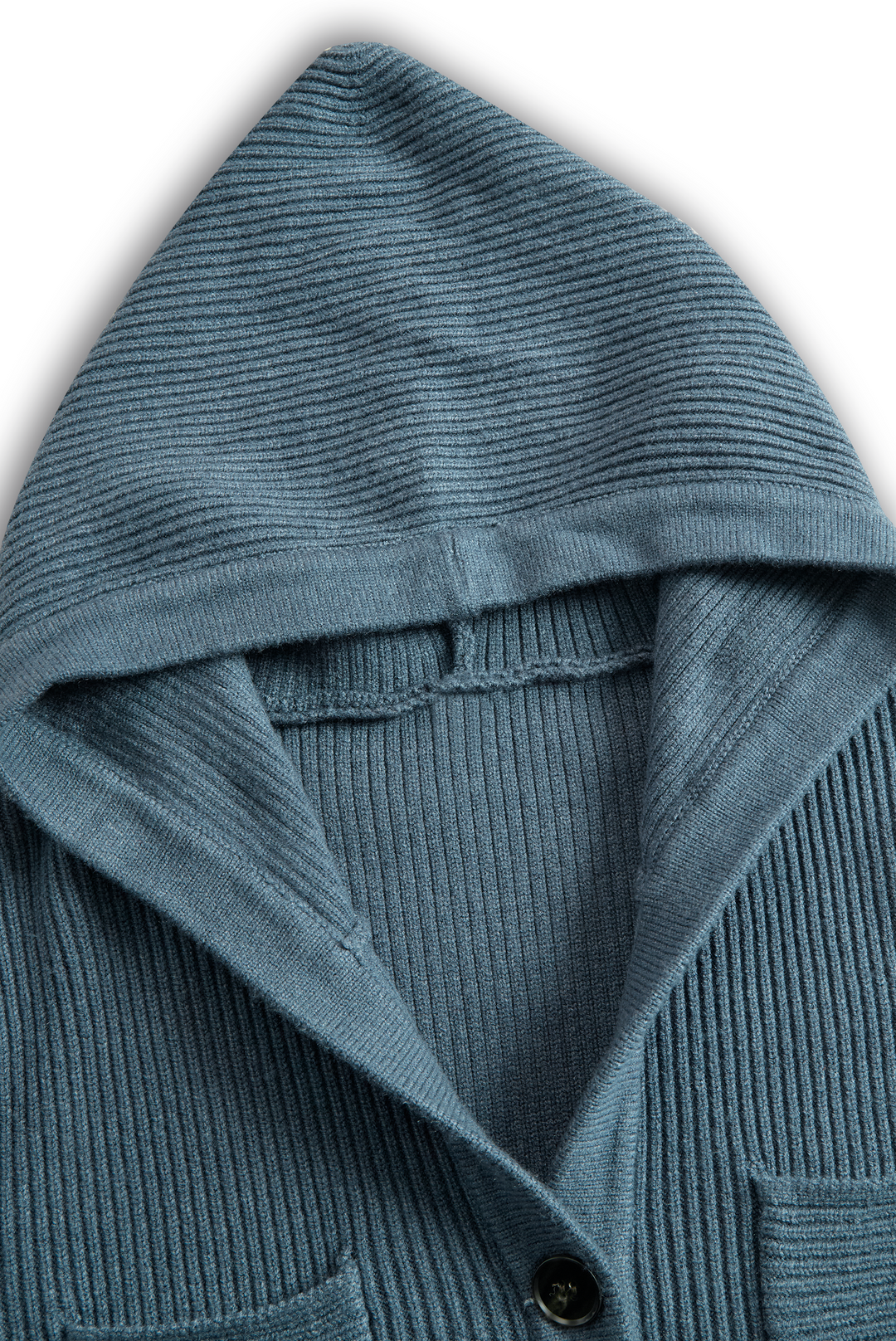 Detailed view of a blue ribbed hood from a maxi dress, showcasing fabric texture.