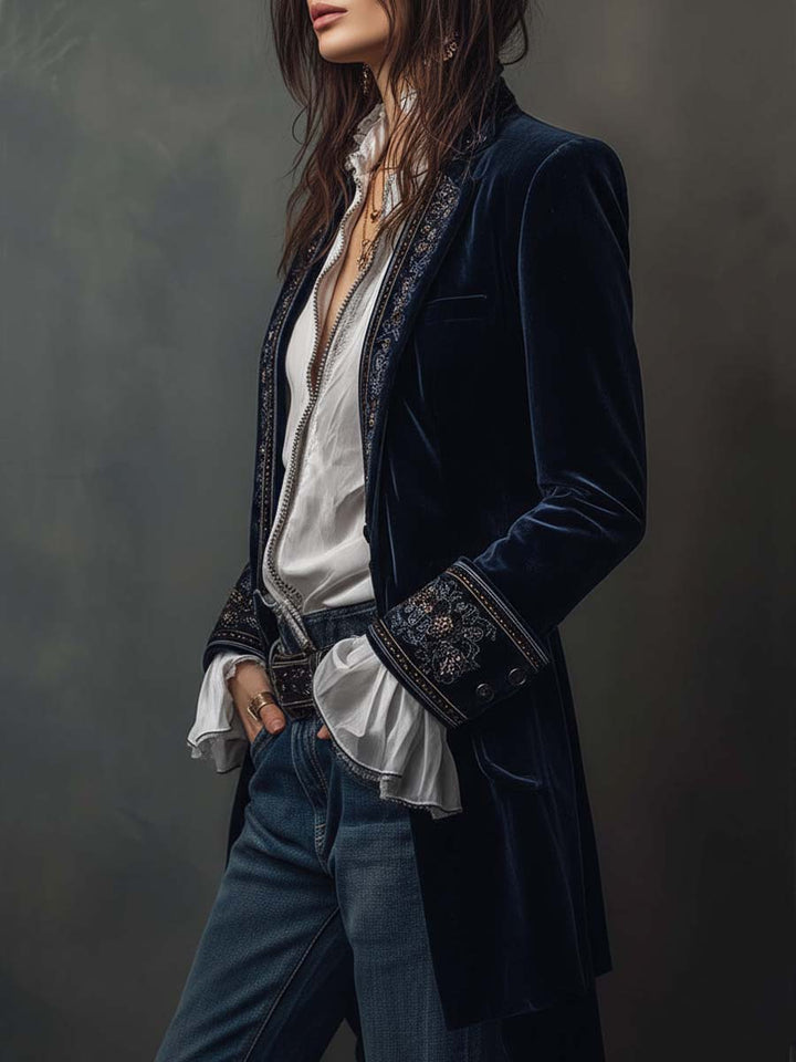 Margaret | Navy Blue Embroidered Longline Jacket