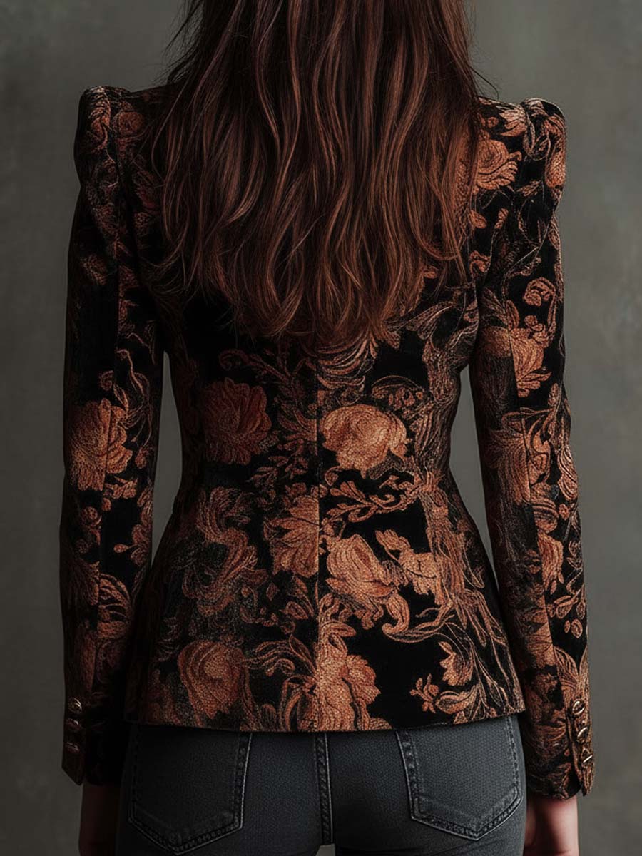 Ava | Tailored Blazer in Black and Bronze with Floral Design