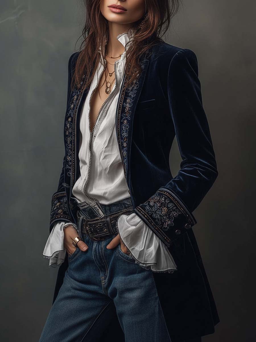 Margaret | Navy Blue Embroidered Longline Jacket