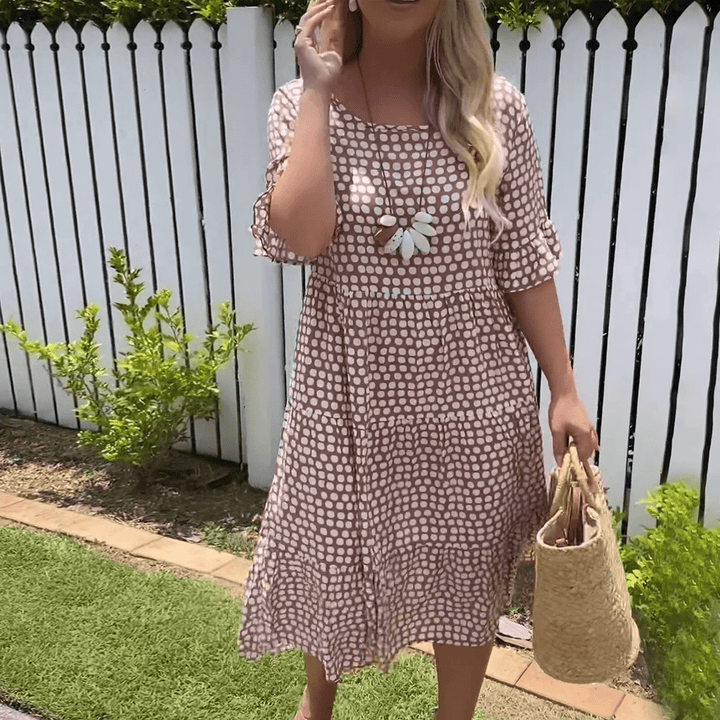 Zora – Short-Sleeve Midi Dress with Round Neck