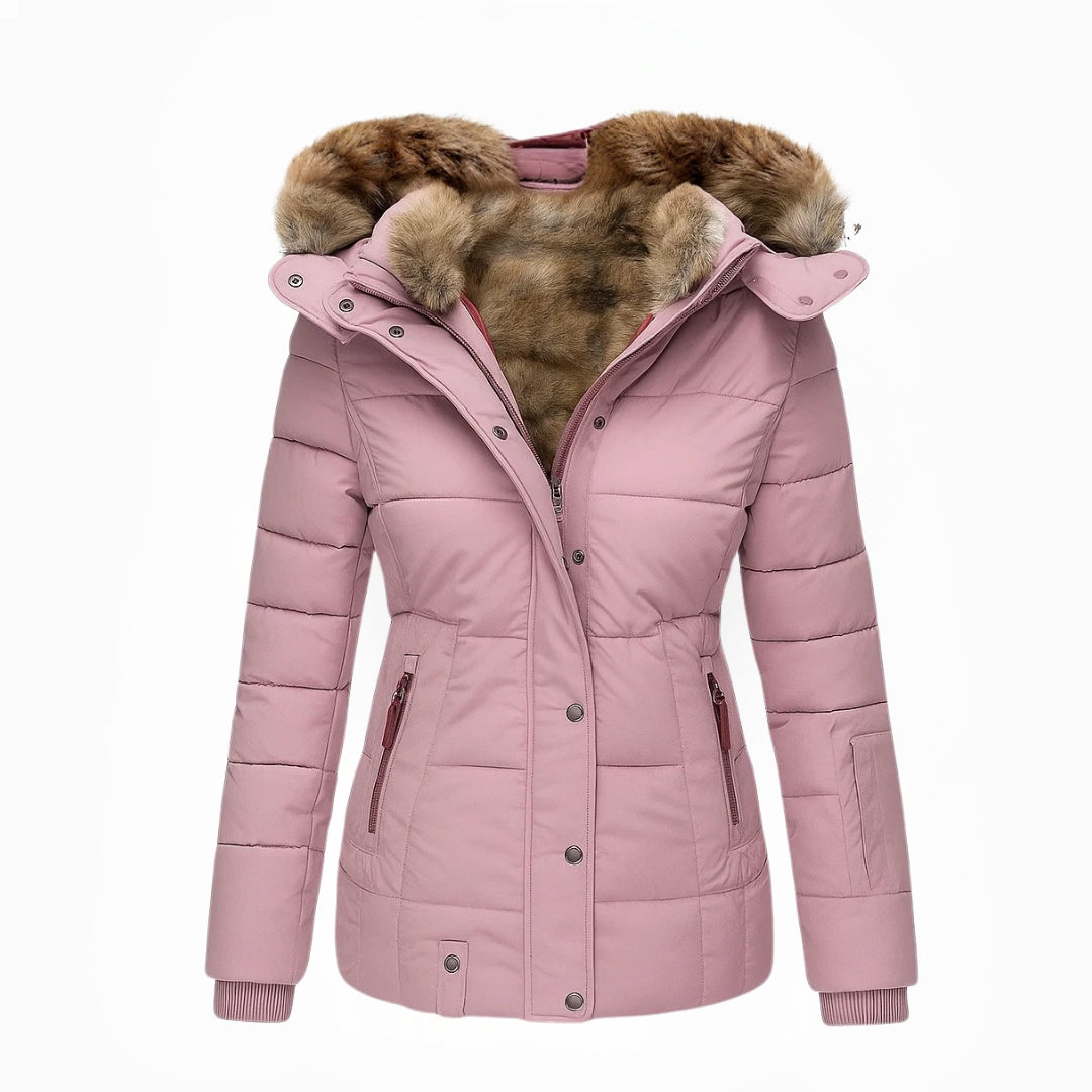 Pink winter coat with fur-lined hood, front view, white background.