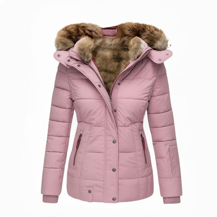 Pink winter coat with fur-lined hood, front view, white background.