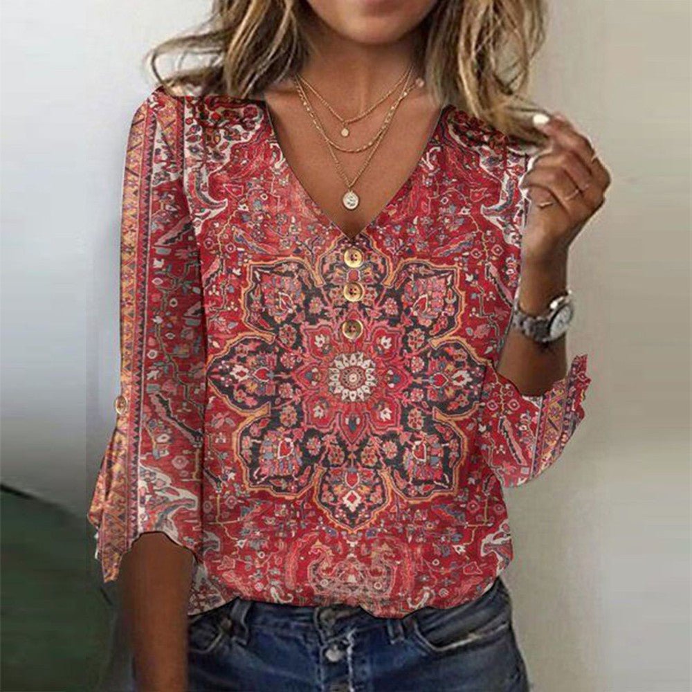 Arabella – Printed V-Neck 3/4 Sleeve Top