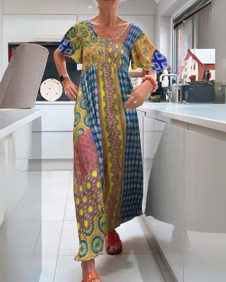Cindy – Printed Boho Maxi Dress with Smocked Bodice