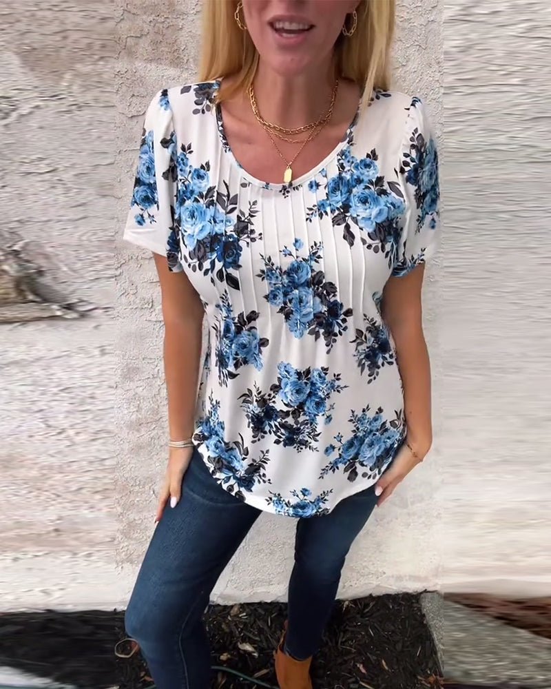 Milania – Floral Pleated Tee with Round Neckline