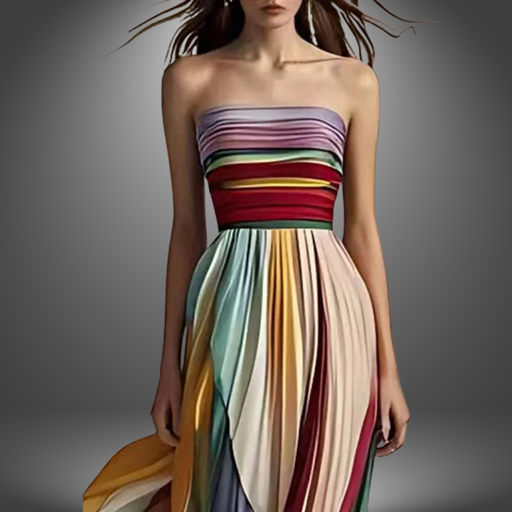 Close-up of a strapless, multicolored pleated dress worn by a model in a studio setting.