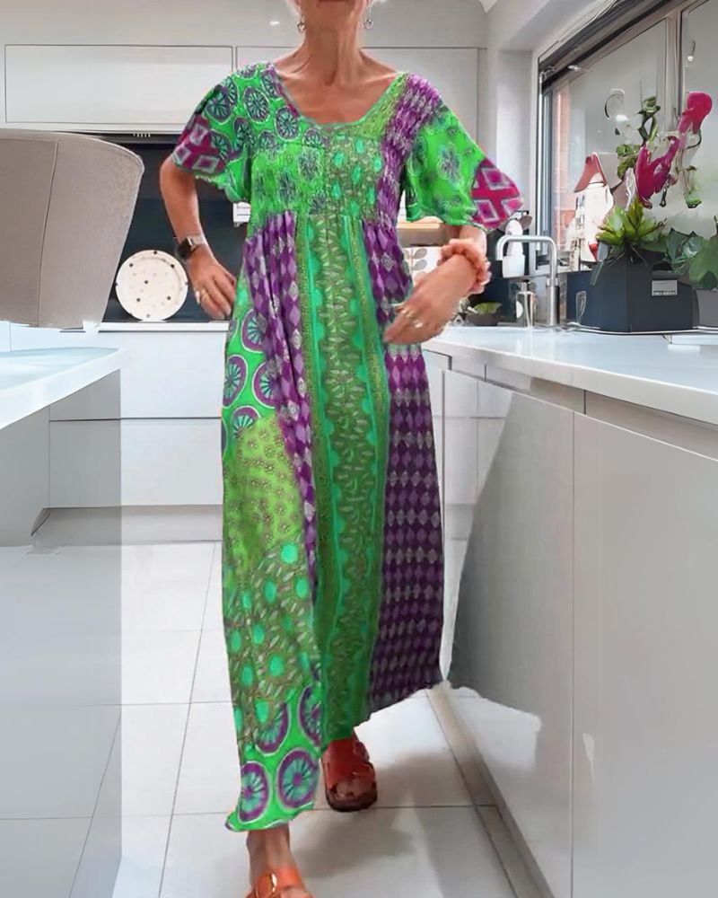 Cindy – Printed Boho Maxi Dress with Smocked Bodice