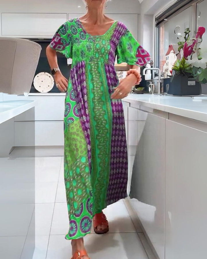 Cindy – Printed Boho Maxi Dress with Smocked Bodice