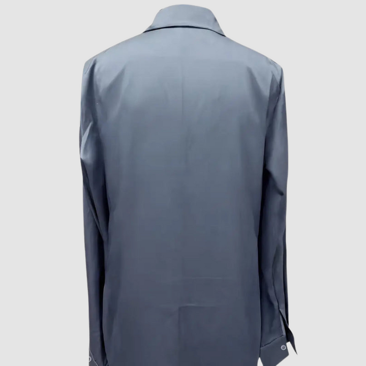 Back view of gray satin blouse with collar in a studio environment.