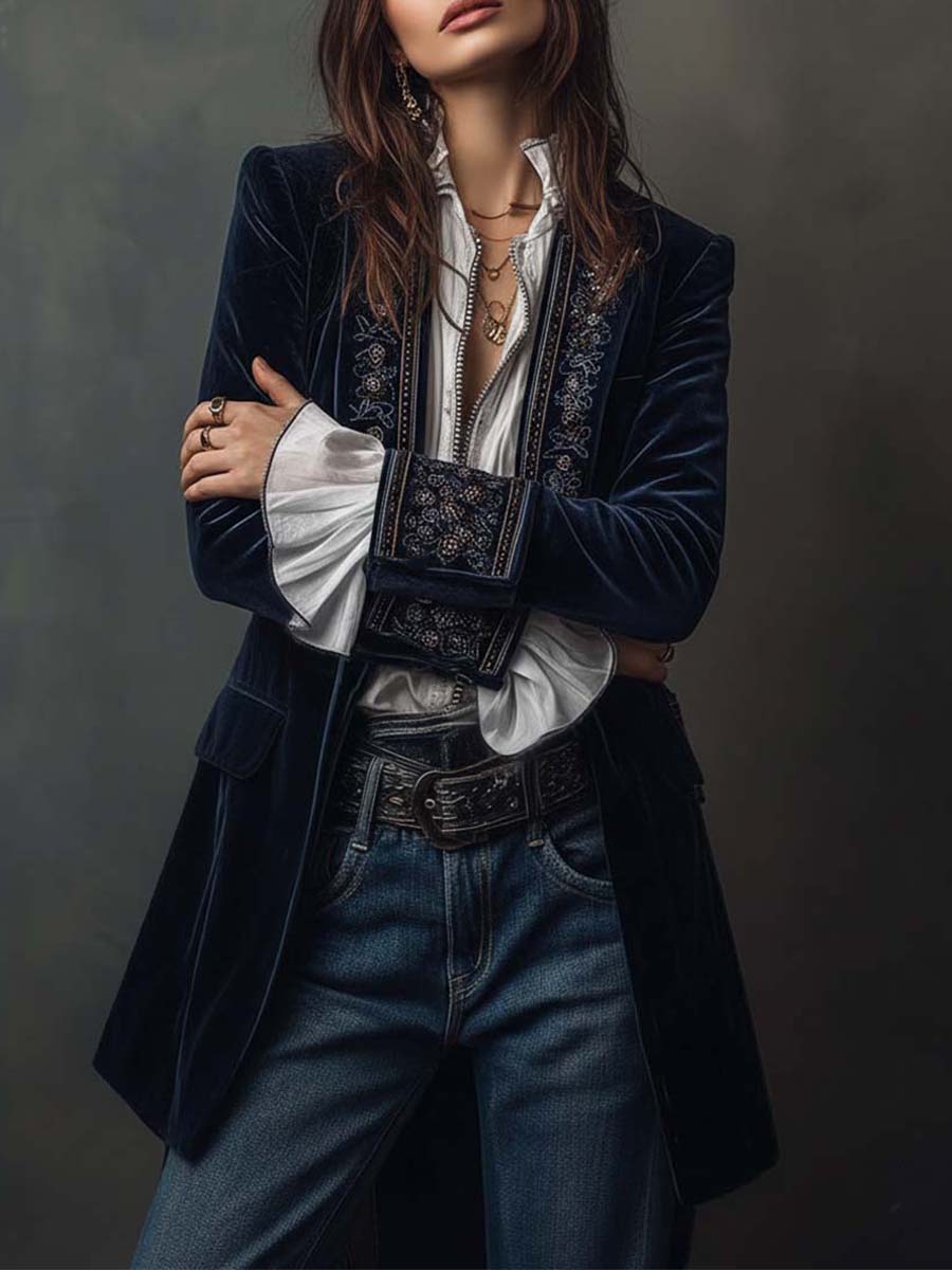 Margaret | Navy Blue Embroidered Longline Jacket