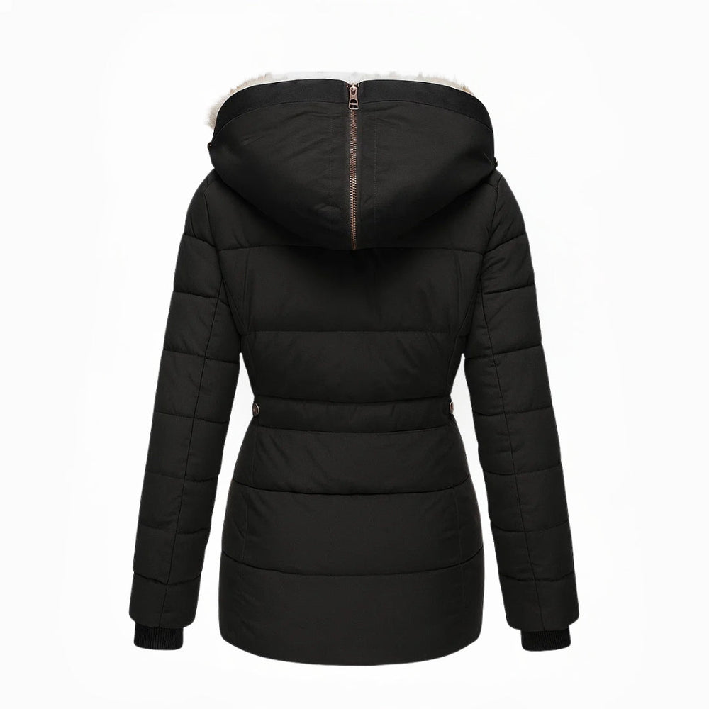 Black winter coat with fur-lined hood, back view, white background.