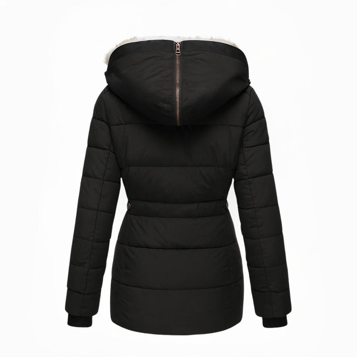 Black winter coat with fur-lined hood, back view, white background.