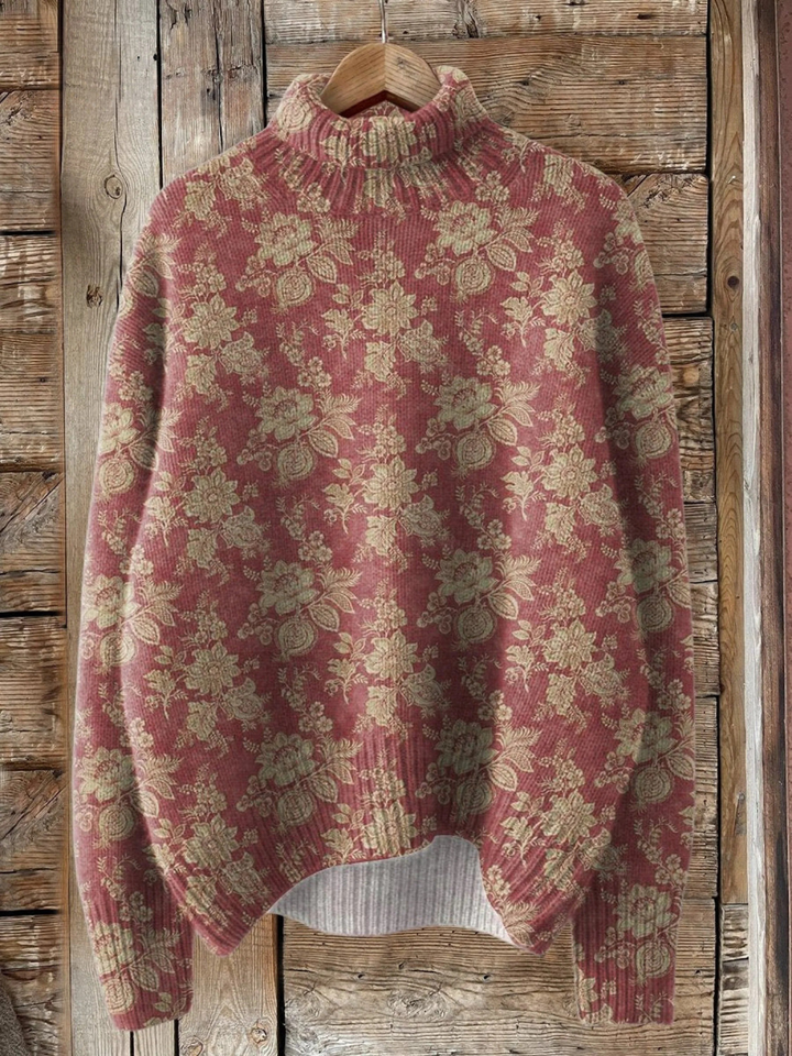 Rose | Retro Rose Print Turtleneck Sweater