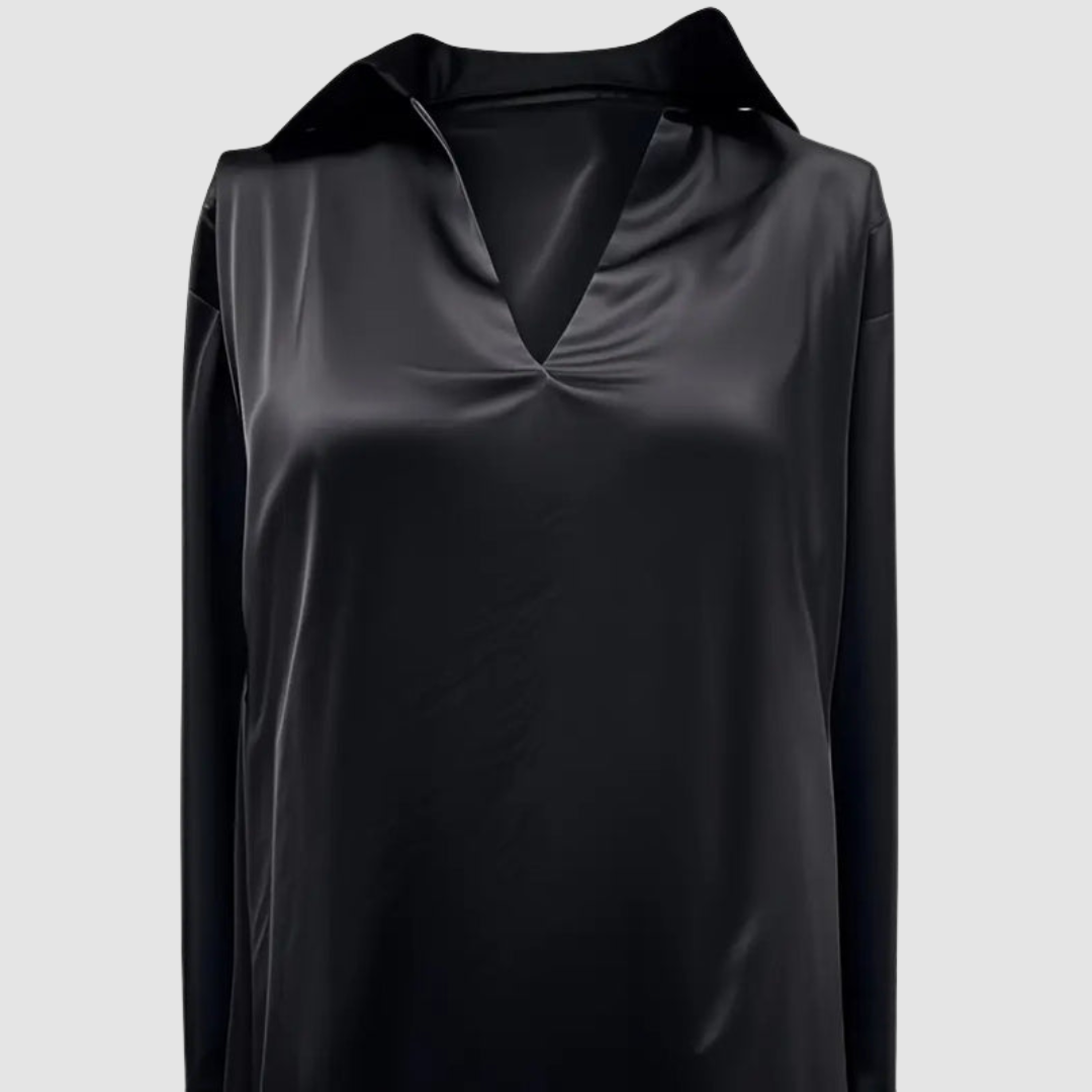 Black satin blouse showing a straight front view in a studio environment.
