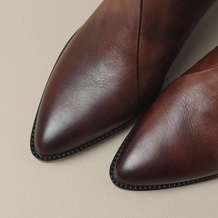 Close-up of pointed toes on brown ankle boots, displayed on a light surface.