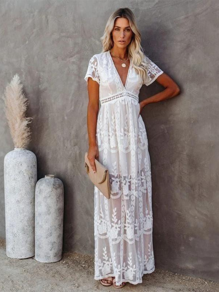 Fleur – Boho Maxi Dress with V-Neck &amp; Lace Detail