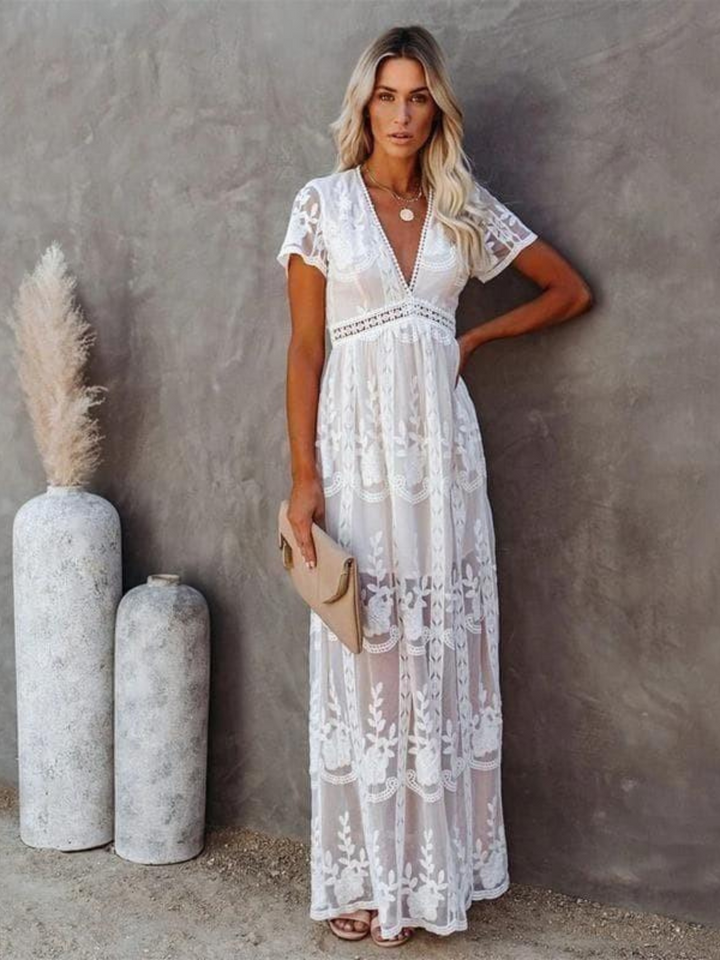 Fleur – Boho Maxi Dress with V-Neck &amp; Lace Detail