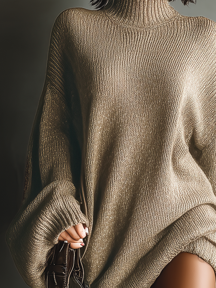 Close-up of caramel brown knit dress texture with woman&