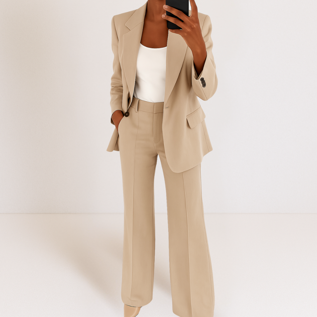 Beige two-part suit set with tailored fit, white top, hands in pockets, studio background.
