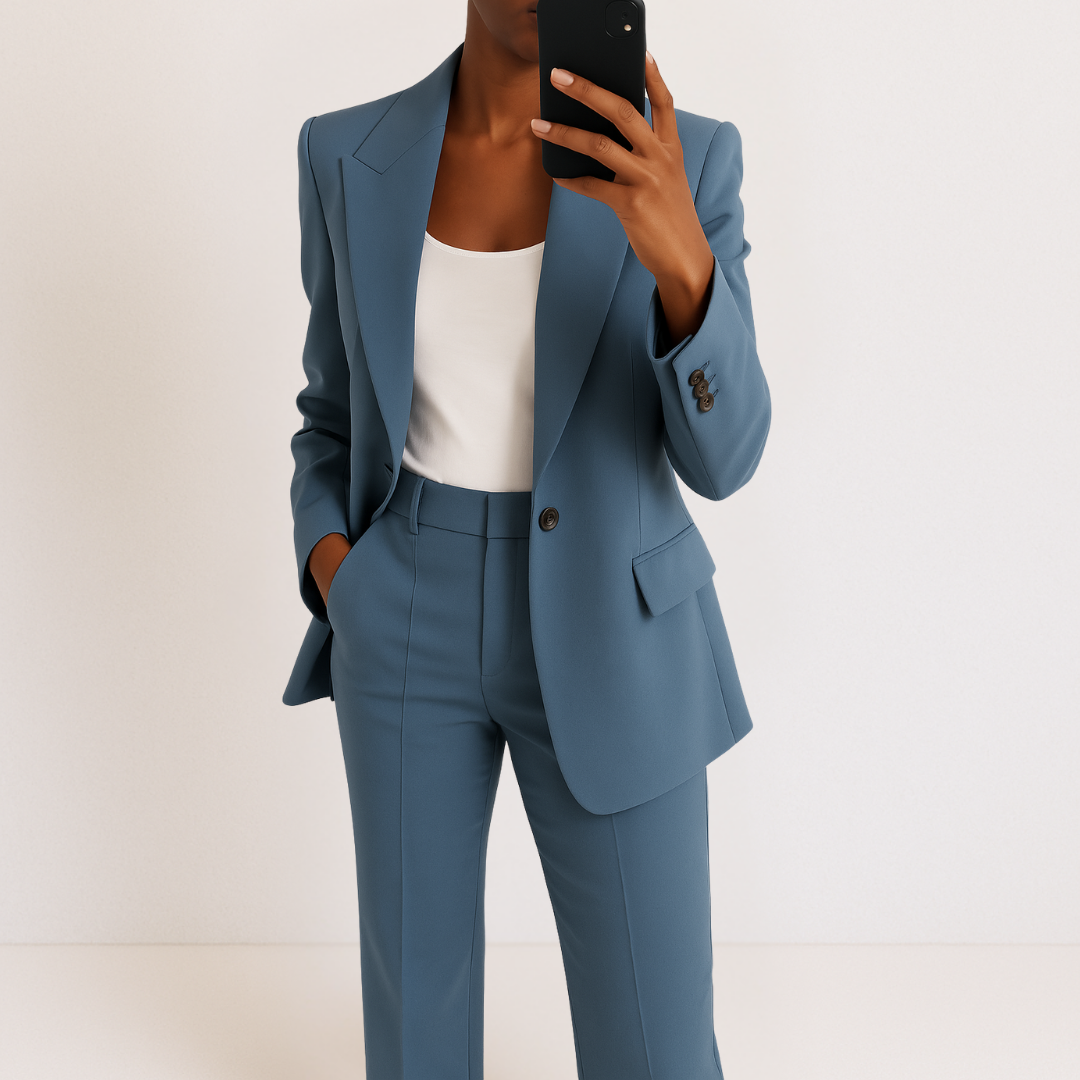 Blue two-part suit set with structured design, white top, hands in pockets, studio background.