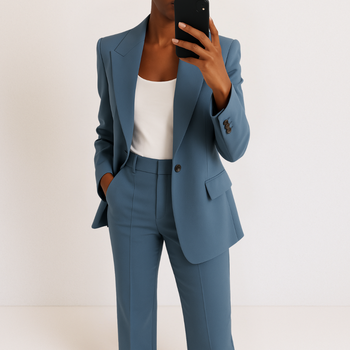 Blue two-part suit set with structured design, white top, hands in pockets, studio background.