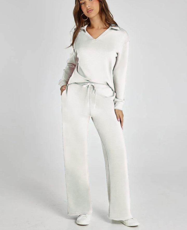 Lanie – V-Neck Polo Lounge Set with Wide-Leg Pants