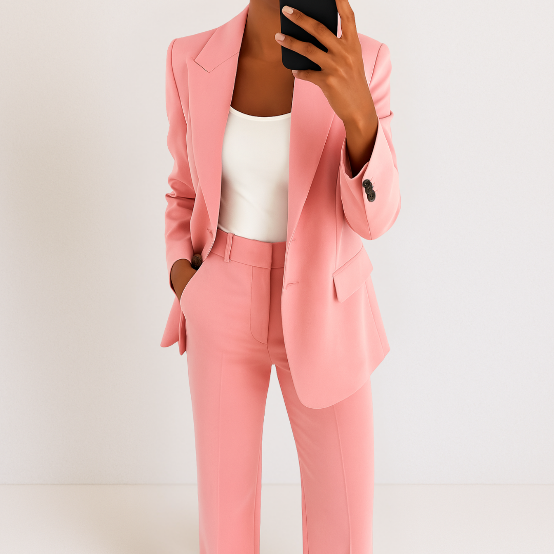 Pink two-part suit set with chic style, white top, hands in pockets, studio background.