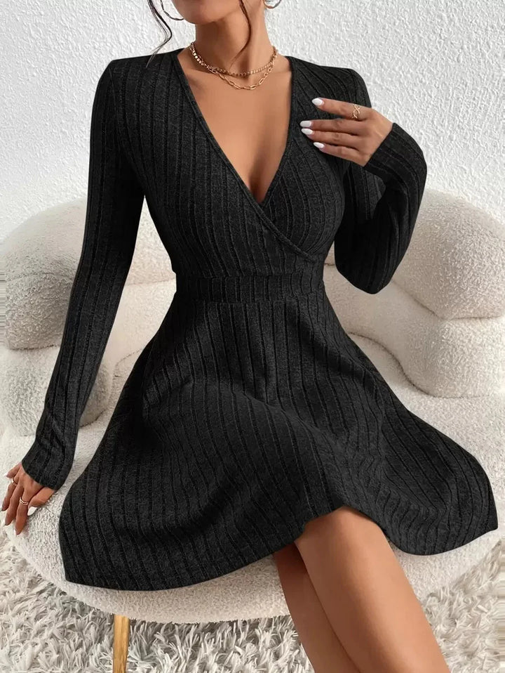 Adaline | Deep V-Neck Crossed Wrap Ribbed Mini Dress Elegant A-Line