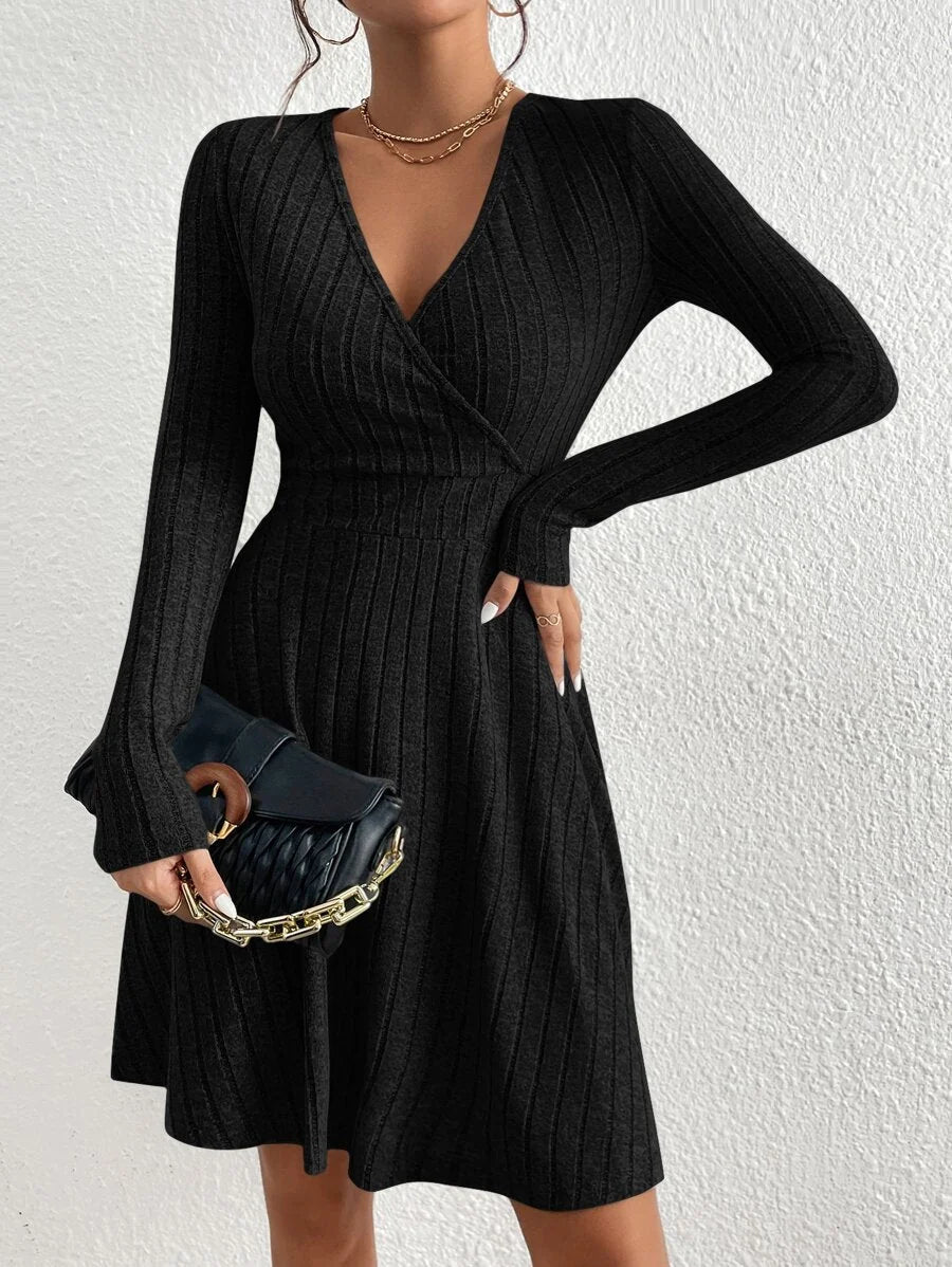 Adaline | Deep V-Neck Crossed Wrap Ribbed Mini Dress Elegant A-Line